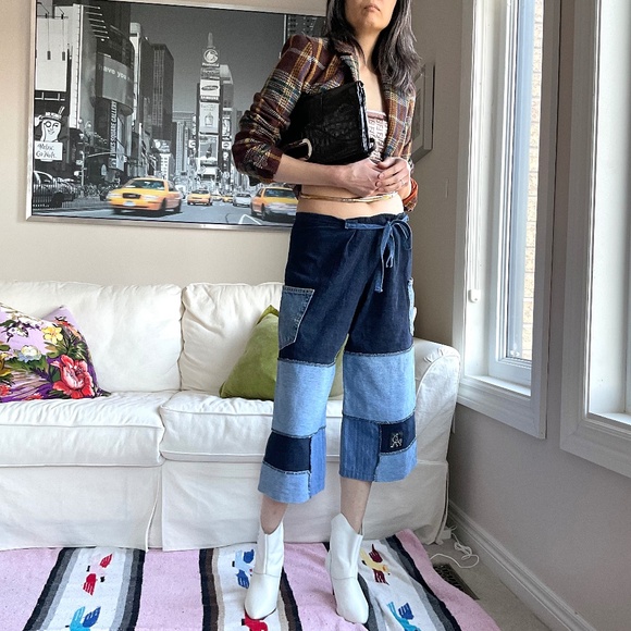 Denim reworked patch cropped jeans - Picture 2 of 14